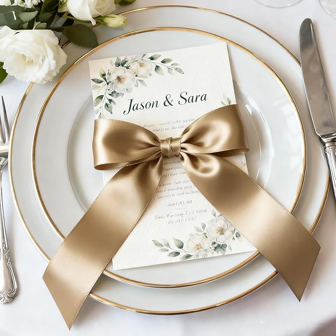 1-1/2" x 100 Yards Satin Ribbon - Wide Silk Champagne Gold Ribbon with Spool - Ideal for Gift Wrapping, Floral Bouquets, Crafts, Wedding Party Decorations, Christmas and Sewing Projects