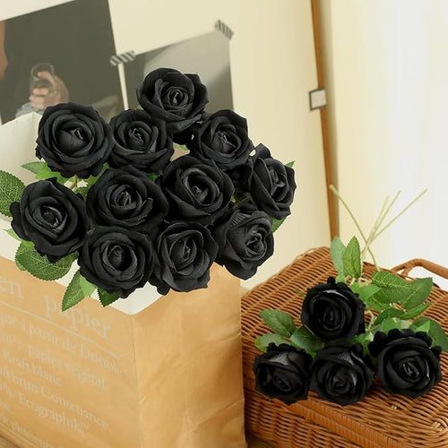 12Pcs Black Roses Artificial Flowers Fake Roses Faux Velvet Silk Flower for Home Wedding Decoration (Pearl Rose, Black)