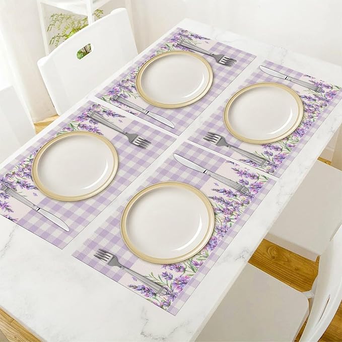 Flowers Leaves Spring Placemats Set of 4,Purple Plaid Background Flower Seasonal Table Mats for Party Kitchen Dining Decoration 4 PCS