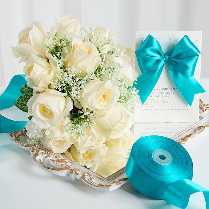 1-1/2 Inches 100 Yards Peacock Blue Satin Ribbon, Ribbon Roll for Flower Bouquets, Gift Wrapping, Wedding, Handmade Crafts