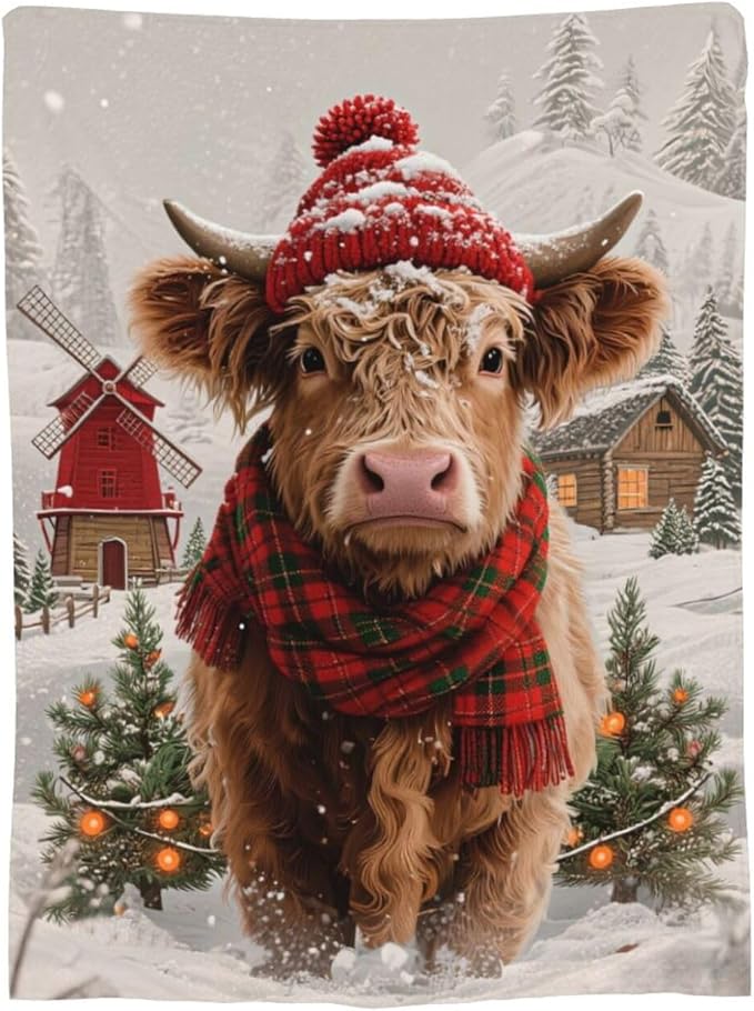 Highland Cow Blanket Christmas Cattle Throw Blanket Winter Snow Soft Cozy Fleece Fuzzy Stuffed Plush Farm Animal Flannel Gifts for Girls Women Boys Kids Adults 60"X80"