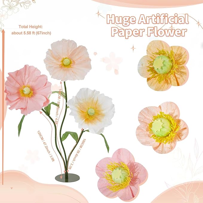 B-COOL Artificial Giant Flowers for Wedding Decoration: 5.58 ft White Champagne Huge Flowers Pink Large Paper Flower Faux Floral for Party Reception Arrangements Background Decor