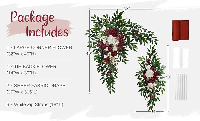 Wedding Arch Flowers with Drapes Kit (Pack of 4) - 2pcs Artificial Christmas Marsala Deluxe Swag with 2pcs Sheer Drapes for Wedding Ceremony Arbor Reception Backdrop Rose Floral Decoration