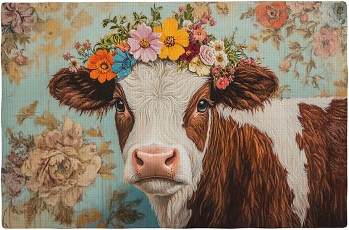 Farmhouse Cow Placemats Set of 4 Washable Table Mats Spring Cow Floral Heat-Resistant Cotton Linen Place Mats for Dining Table Kitchen Indoor Outdoor Party Holiday Decor