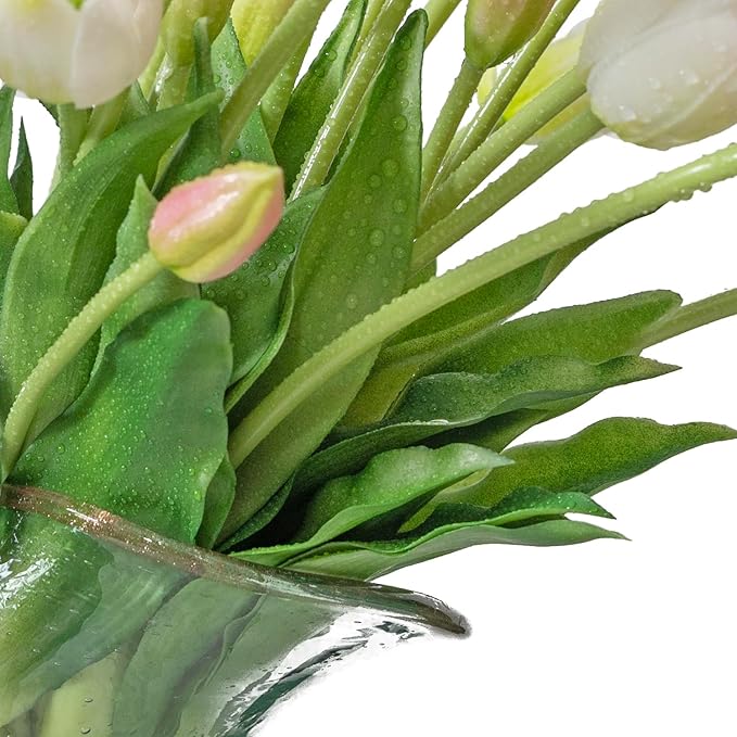40pcs Artificial Tulips Flowers, Real Touch Latex Bouquet, Fake Tulips for Office Wedding Party Home Kitchen Garden Decoration(White Suit 40pcs)