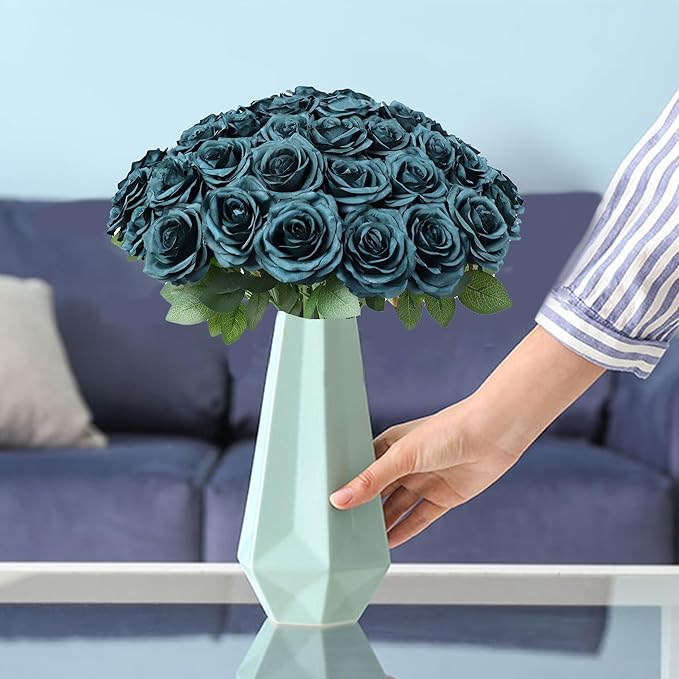 30pcs Artificial Rose Flower Dark Green Rose Emerald Green Flower with Long Stem Silk Roses Bouquet for Wedding Bridal Shower Party Home Decoration