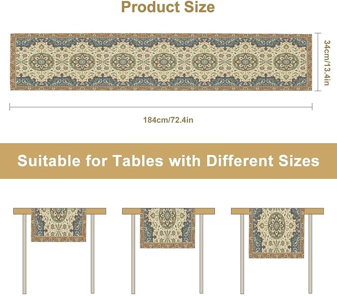 Boho Bohemian Table Tunner, Vintage Neutral Traditional Mandala Floral Blue Beige Medallion Table Runner for Kitchen Dining Outdoor Indoor Home Decor, 13x90 Inch