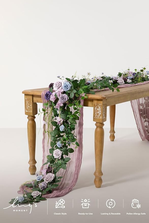 Ling's moment Flower Garland - 6FT Eucalyptus & Rose - Sweetheart Table Decor for Wedding Reception, Artificial Floral Garland for Arch Mantle, Christmas, Backdrop Decoration, Purple