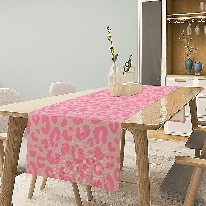 Pink Leopard Print Table Runner, Vintage Animal Skin Farmhouse Cottage Country Western Wildlife Safari Dinner Runner for Kitchen Dining Table Party Holiday Decor 13x108in
