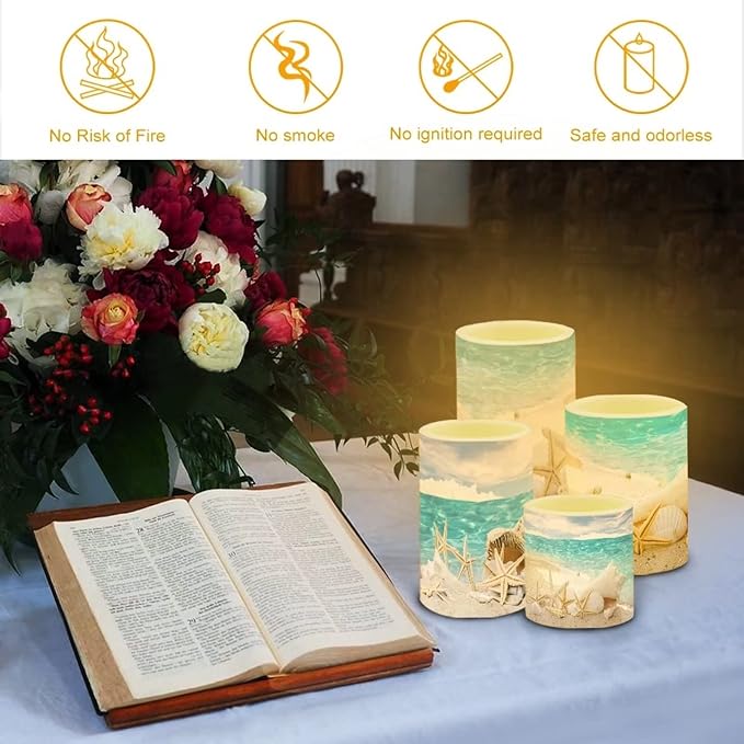 Flameless Candles Battery Powered with Multicolor Timer Remote Control Everlasting Fake Candles for Party Garden Indoor Outdoor Coastal Decor, Beach Coastal Multi