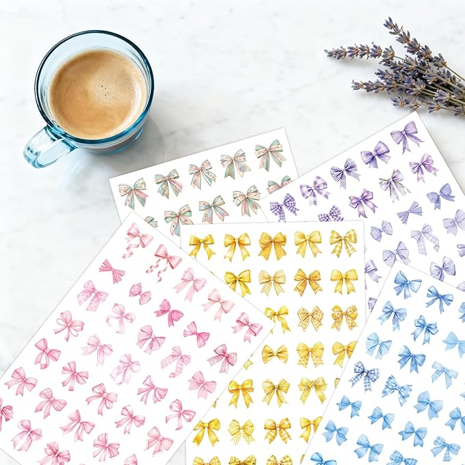 18 Sheets 7 Colors Bow Stickers, 720 PCS Cute Aesthetic Coquette Girly Decorative Stickers with 360 Designs for Crafts Scrapbooking Journaling Party Favors for Teens Women