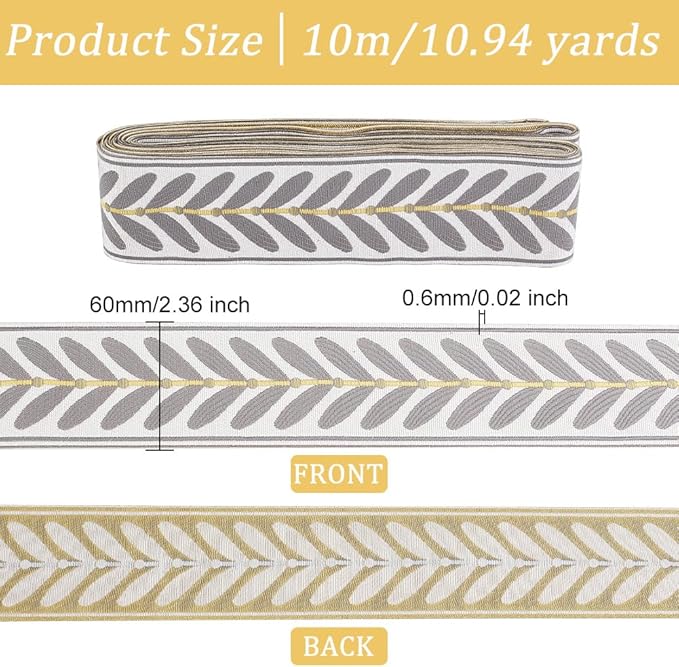 OLYCRAFT 10.9Yards Jacquard Ribbon Trim 2.4 Inch Leaf Pattern Polyester Ribbons Grey White Woven Embroidery Trim for DIY Sewing Crafts Handmade Bag Belts Clothing Decoration