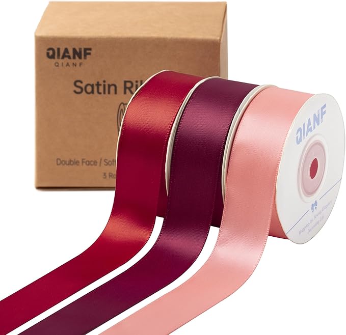 Burgundy Double Face Satin Ribbon 1 Inch x 45 Yards Wine Red Coral Pink Fabric Ribbon for Gift Wrapping, Flower Bouquets, Bows Making, Wedding Decor, Invitation Cards, Christmas (3 Rolls *15Yd)
