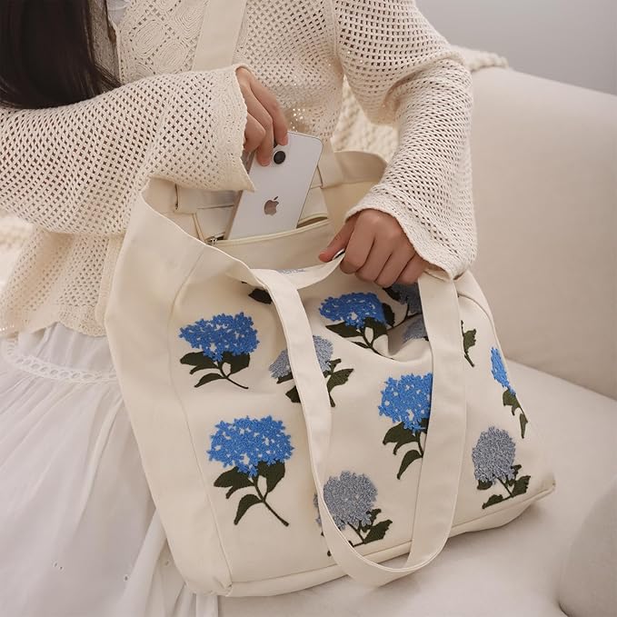 Aesthetic Embroidery Tote Bag for Lady Cute Reusable Canvas Shoulder Bag for Girls Women Shopping Grocery