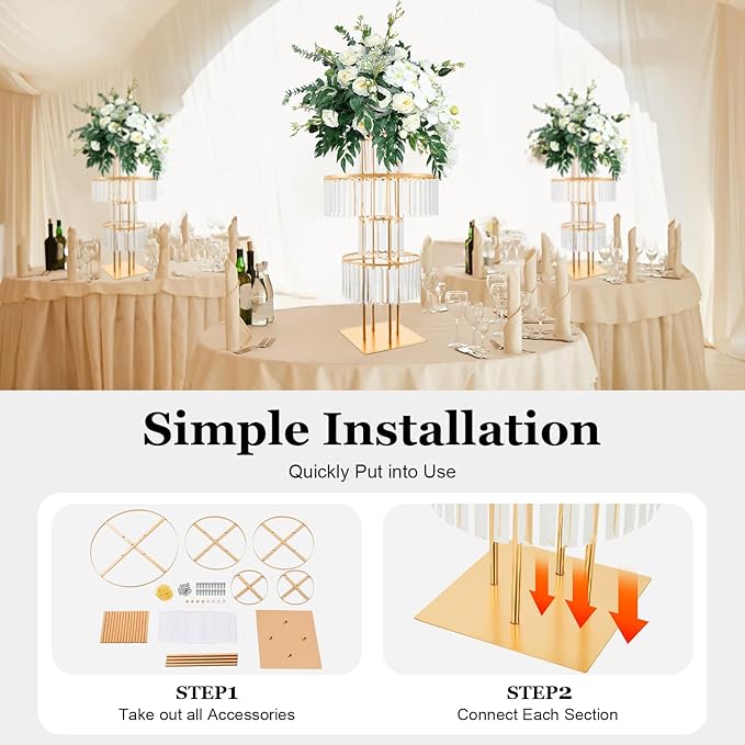Wedding Gold Vases Centerpieces Crystal Flower Stand with Hanging Crystals, 5 Tier Round Chandelier Pedestal Stand,Crystal Wedding Flowers Stand,Perfect for T-Stage Wedding Party Hotel Decor