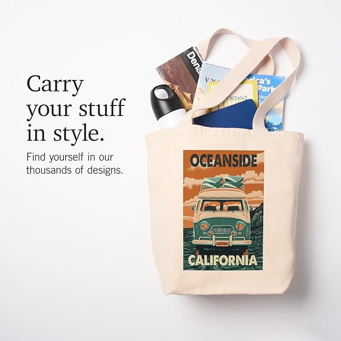Oceanside, California, Camper Van, Letterpress (100% Cotton Canvas Reusable Tote Bag)