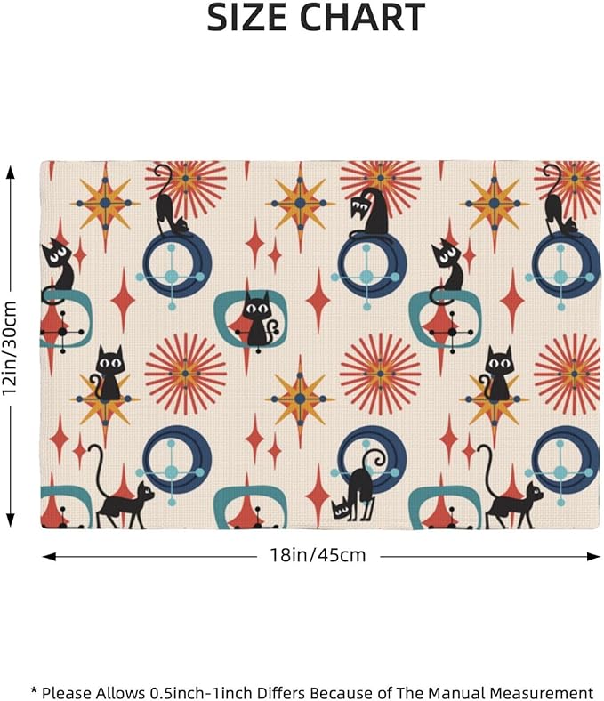 Mid Century Black Cat Modern Placemats Set of 6,Kitchen Table Mats for Dining Outdoor Home Decor 12x18 Retro Place Mats 6 PCS, Style-17