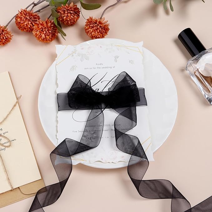 Black Ribbon for Gift Wrapping 1 inch Sheer Organza Ribbon for Flower Bouquet Tulle Thin Chiffon Ribbons for Wedding Invitations Presents Decorations Crafts 50 Yards