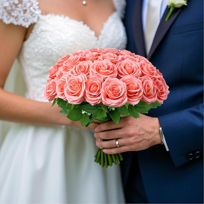 50pcs Artificial Rose Flower Coral Peach Flower with Long Stem Silk Roses Bouquet for Wedding Bridal Shower Party Home Decoration