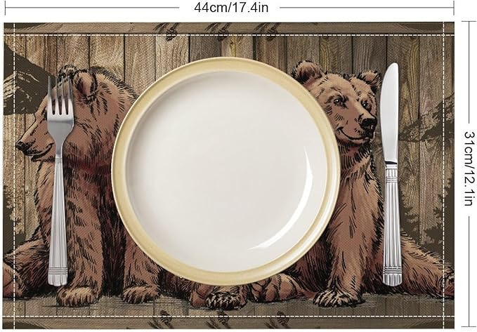 Rustic Lodge Bears Placemats Set of 4, Vintage Cabin Pine Tree Wooden Board Place Mats, Heat Resistant Non Slip Cotton Linen Dining Table Mats for Home Party Kitchen 18x12 Inch