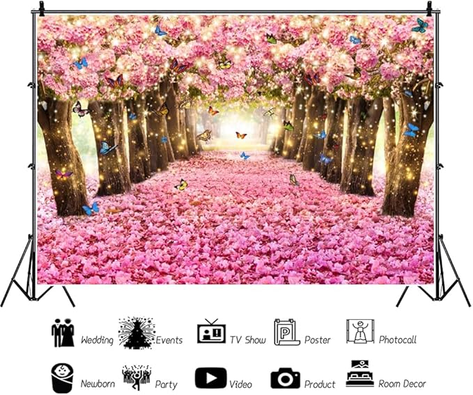 Renaiss 8x6ft Pink Cherry Blossom Backdrop Fairy Tale Romantic Pink Flowers Tree Butterfly Floral Petal Falling Boulevard Photography Background for Wedding Newborn Party Decor Photo Props