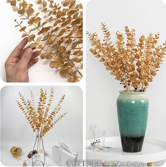 CATTREE Faux Gold Eucalyptus, Artificial Plastic Golden Plants 30" Tall 2 Pack, Christmas Decorations Fake Shrubs for Wedding Hotel Hall Party Indoor Home Table Centerpieces DIY Decor Planting Filler