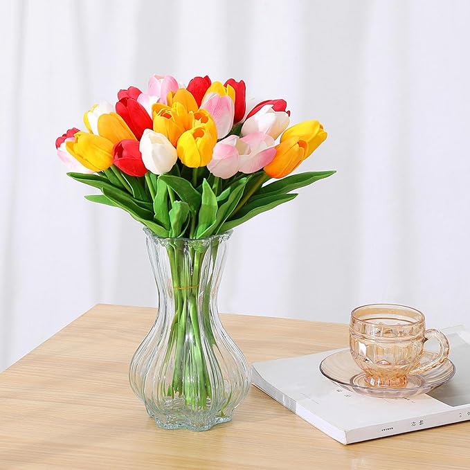 SITUMEIZI Fake Flowers Tulips Artificial Silk Flower 15pcs Real Touch 14" for Spring Easter Home Kitchen Wedding Bouquet Bulk Mother's Gift Day Decorations(Assorted Colors,5)