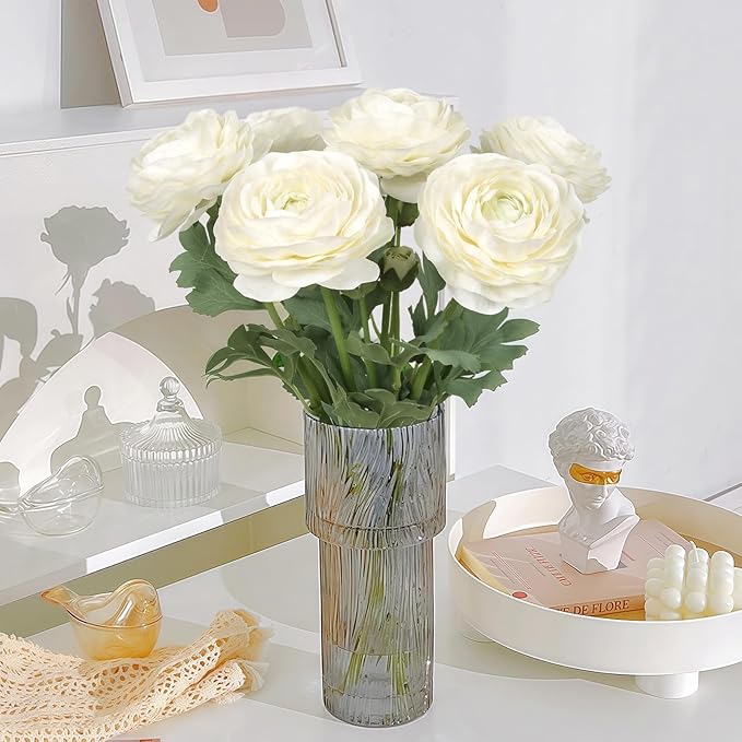 White Ranunculus Artificial Flowers 6PCS Real Touch Faux Ranunculus Flowers for DIY Wedding Bouquet Party Table Home Decor(White)