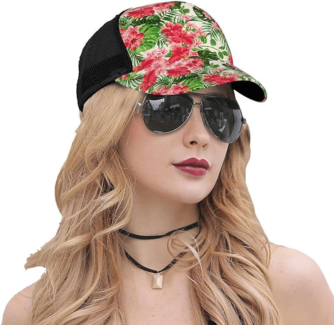Tropical Pink Flowers Hats Women Men Hawaii Trucker Hat Adjustable Snapback Mesh Baseball Cap Hat