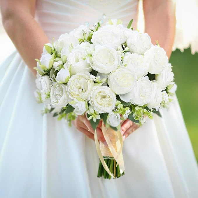 MARTINE MALL 4 Packs Peonies Artificial Flowers, White Artificial Peonies, Silk Peonies Flowers Fake Peonies Artificial Flowers Peonies Bouquet for Centerpiece Table Wedding Party Home Decor