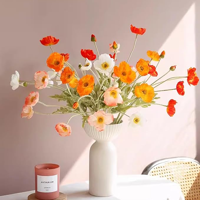 2 Pcs Artificial Fake Flowers Plants Poppies Silk Flower Arrangements Wedding Bouquets Decorations Plastic Floral Table Centerpieces for Home Kitchen Garden Party Decor Approx 23.6" High - Dark Orange