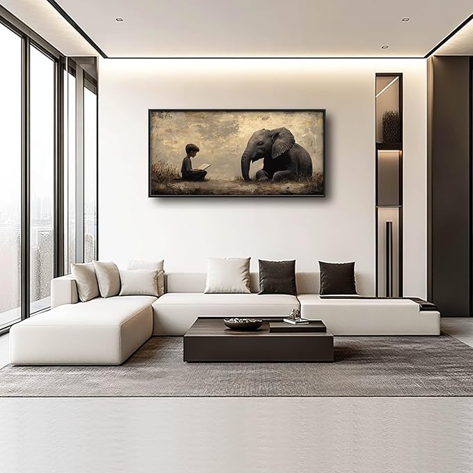 Elephant Large Wall Art Boy Reading Pictures Wall Decor Animal Canvas Elephant Print Painting Modern Artwork Home Decoration for Living Room Bathroom Bedroom Office Framed 60"x30"