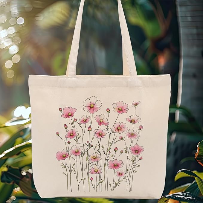 Aesthetic Floral Canvas Tote Bag for Women with Pocket, Tote Bags for Grocery Shopping Work Gym Christmas Birthday