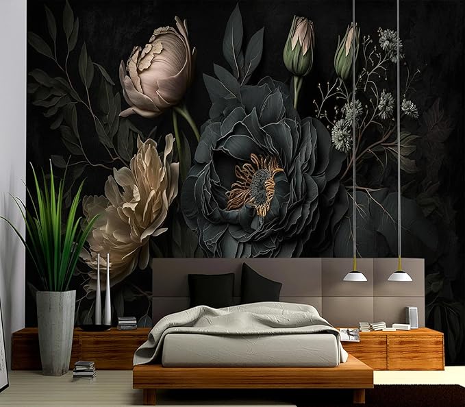 Eierme-Mysterious Black Peony Mural Wallpaper Peel and Stick 137" x 102"