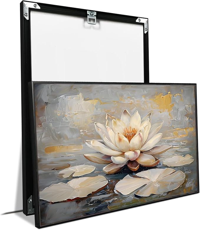 Ethereal white lotus floating on Crystal Waters poster vintage oil painting printwall art soft blush and gold accents serene home and office decor dreamy 20x30in Metal blackFramed