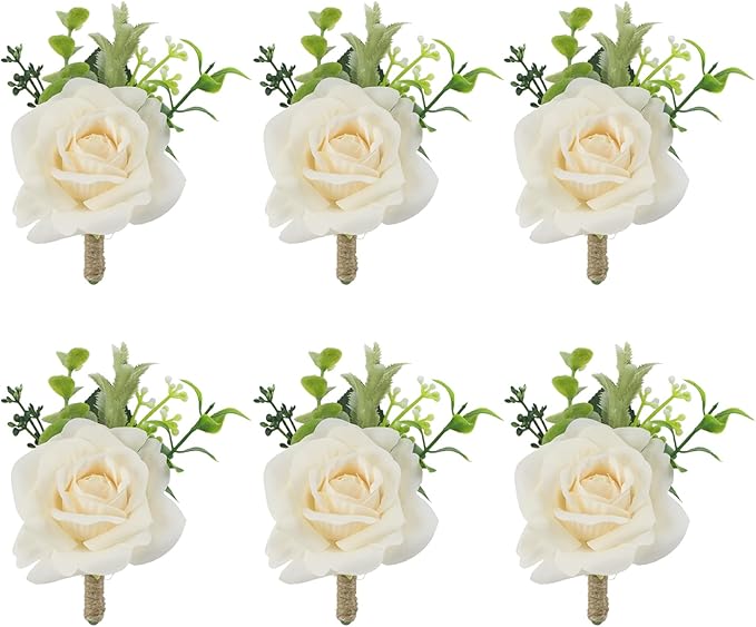 Meldel Boutonniere for Men Wedding, Set of 6, Artificial Champagne Rose Flower Corsage for Groom and Best Man, Ceremony Anniversary Formal Dinner Party, Fall Vintage Rustic Marriage Prom Decor