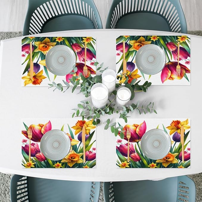 Spring Beautiful Flower Placemats Set of 6 PVC Vinyl Non Slip Table Mats Waterproof Heat Resistant Place Mats Washable Wipeable Dining Table Mat for Kitchen Party Indoor Outdoor Decorative