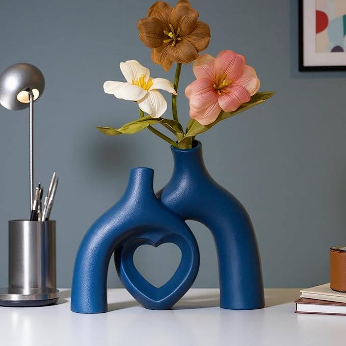 Snuggle Hollow Decorative Ceramic Vase, 8.3 Inch Hug Donut Modern Nordic Boho Style Vases for Aesthetic Home Decor, Anthropologie Living Room Shelf Coffee Table Décor (Navy Blue)