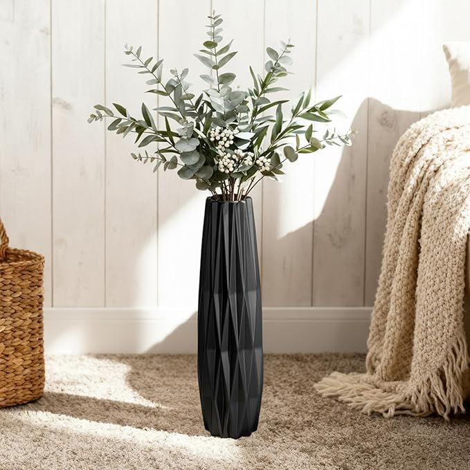 Tall Black Floor Vase – 15.7" Twisted Geometric Ceramic Vase for Modern Home, Living Room, Table Centerpiece or Corner Decoration