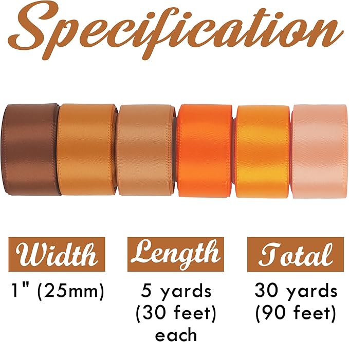 HUIHUANG Terracotta Ribbon 1 inch Orange Double-Faced Satin Ribbon Pack 6 Rolls, Silk Satin Ribbons for Fall Wedding Flower Bouquet Wrap Hair Bows Making Gift Wrapping and Crafts- Total 30 Yards