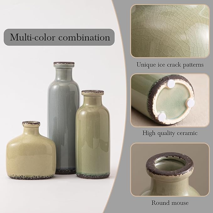 Bud Vase - Flower Vase Set - Decorative Vases - Ceramic Small Vase Set of 3 for Centerpieces - Ice Creak for Decor - Modern Decoration Vases for Home Farmhouse Table Office, Mini Vase by Lyeec