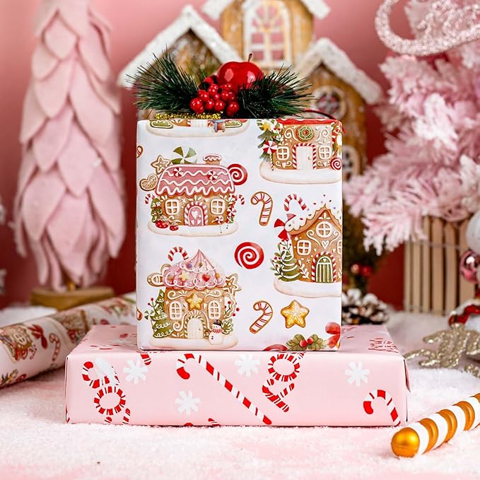 MAYPLUSS Christmas Wrapping Paper Roll - 17 Inch X 33 Feet - Cute Pink Gingerbread House Reversible Candy Cane Gift Wrapping Paper, Thick Gift Wrap Paper for Holiday Party New Year Kids