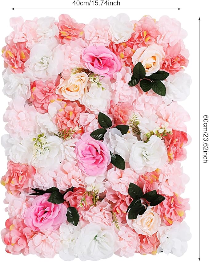 LOYALHEARTDY 12 Pack Artificial Flower Wall Panels 24" x 16" White & Pink Faux Roses Artificial Flower Backdrop Panels for Wedding Party Event Flower Wall Decor