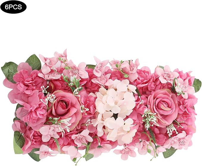 Flower Wall Panel Backdrop, 6pcs 20 X 8 Inch Artificial Floral Panels, Dahlia + Peony + Rose, 3D Fake Silk Flower Backdrop for Wedding Party Dining Table Centerpiece Decorations (Purple and Pink)