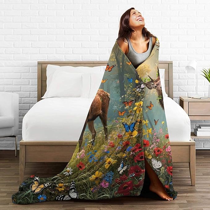 Forest Deer Blanket Hunting Elk Throw Blanket Wildlife Soft Cozy Fleece Fuzzy Stuffed Plush Flannel Gifts for Girls Women Boys Kids Adults 40''x50''