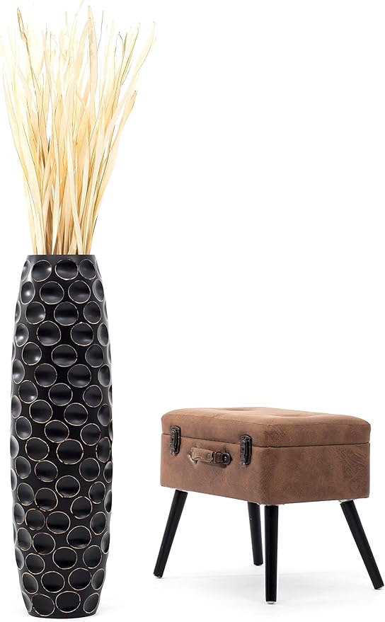 Leewadee Large Black Home Decor Floor Vase - Wooden 34 inch Tall Farmhouse Decor Flower Holder for Fake Plant and Pampas Grass