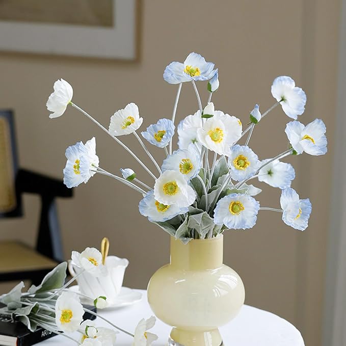 2 Pcs Artificial Fake Flowers Plants Poppies Silk Flower Arrangements Wedding Bouquets Decorations Plastic Floral Table Centerpieces for Home Kitchen Garden Party Decor Approx 23.6" High - Light Blue