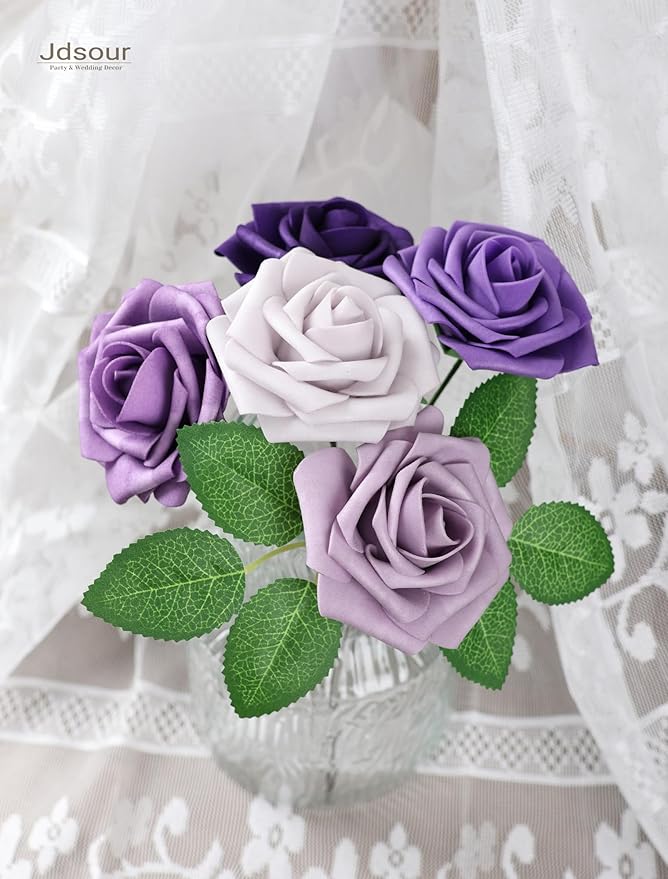 25pcs Artificial Flower，Real Looking Foam Roses w/Stem for DIY Wedding Bouquets Centerpieces Bridal Shower Party Decor-Shades of Series Purple