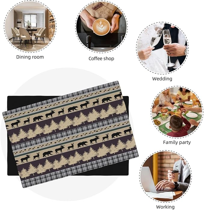Rustic Deer Placemats Set of 6,Wild Bear Deer Paw Print Decor Kitchen Mats for Pattern Rustic Farmhouse Style Place Mats for Dining Table 12x18 Inch 6 PCS