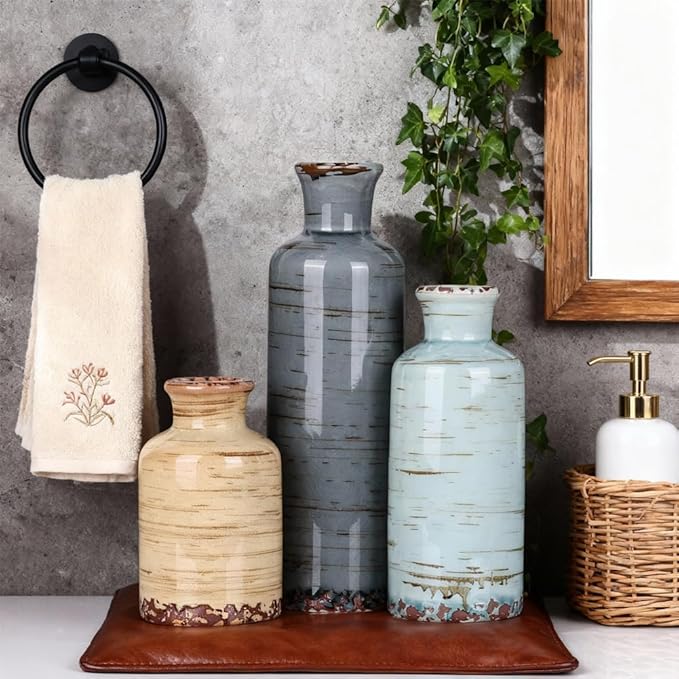 Ceramic Vase Set of 3 – Small Flower Vases, Modern Farmhouse Boho Flower Vases for Home Decor, Rustic Pottery Vases for Centerpieces, Living Room, Shelf, Fireplace, Entryway Decor, Table or Cabinet